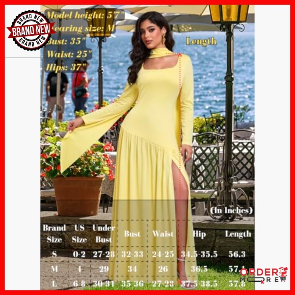 Maxi Dress with Scarf, Drop Waist High Slit Square Neck Long Sleeve Formal - Picture 7 of 7